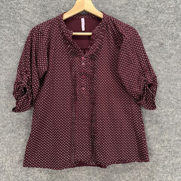 Belita Blouse Women L Large Red Polka Dot V-Neck 3/4 Sleeve 1/2 Button Casual - Picture 1 of 6